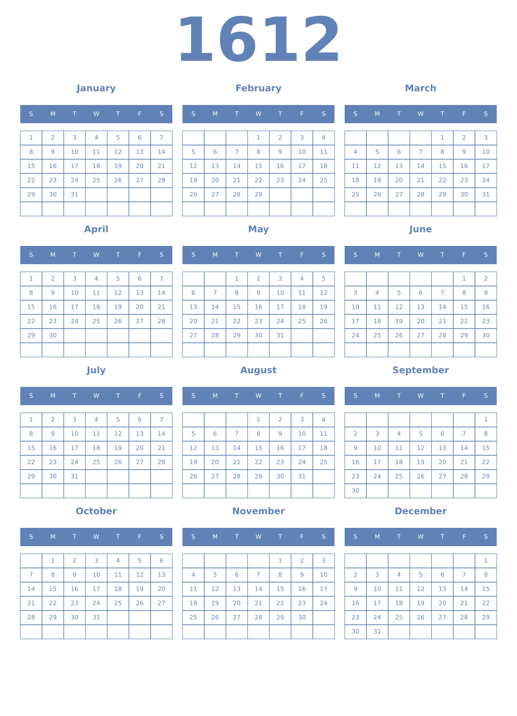 Printable 1612 Year Calendars glaucous