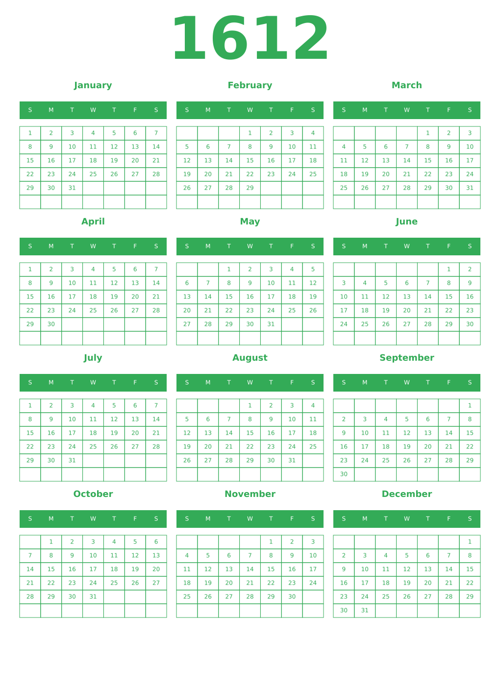 Printable 1612 Year Calendars green
