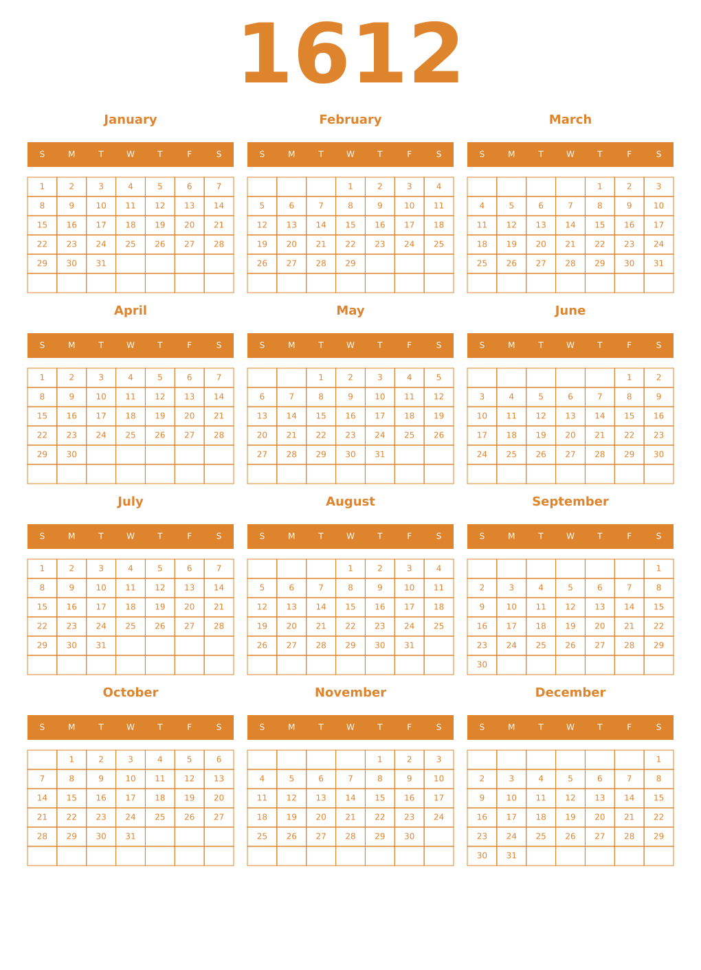 Printable 1612 Year Calendars orange