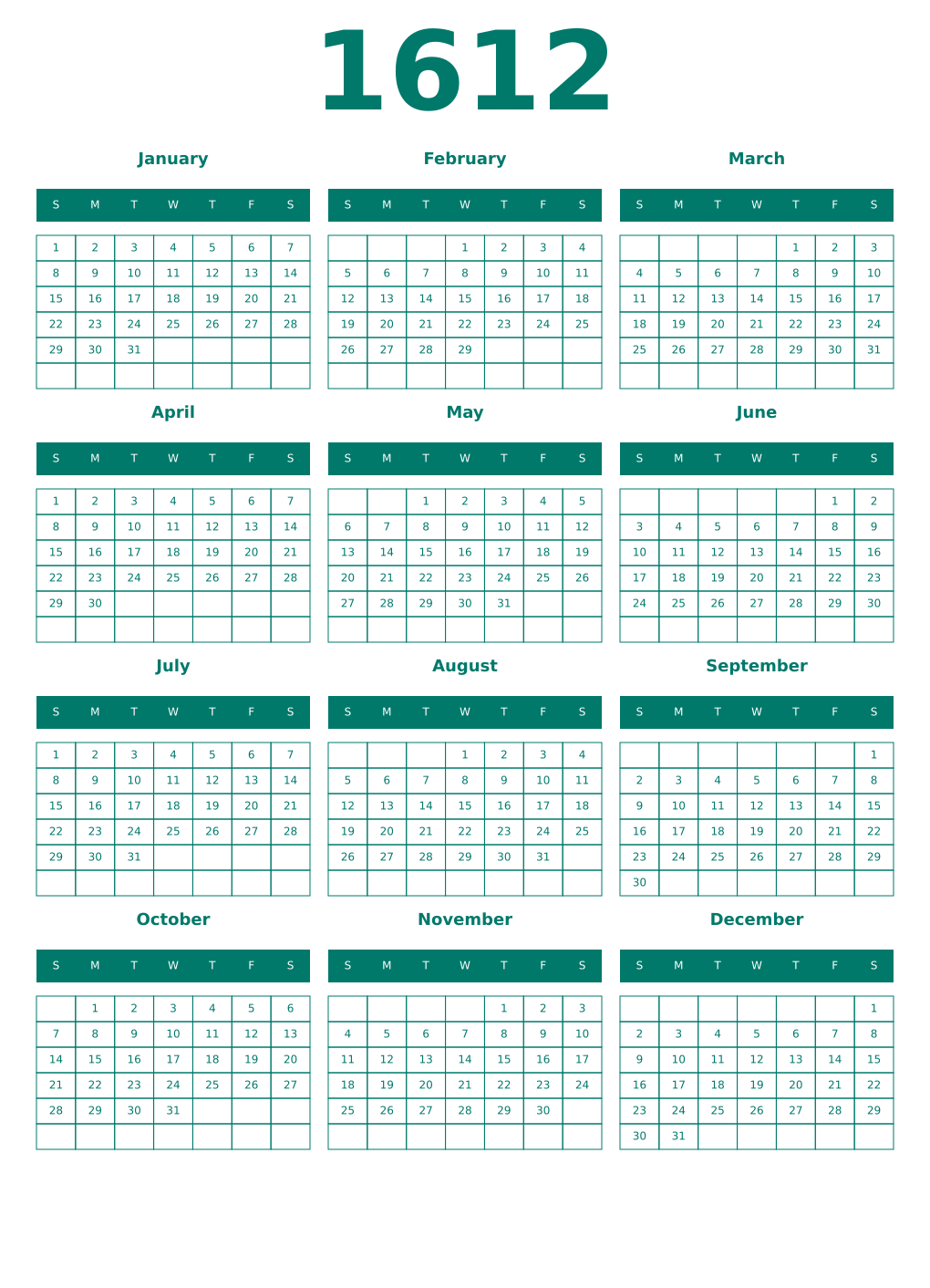 Printable 1612 Year Calendars pastel