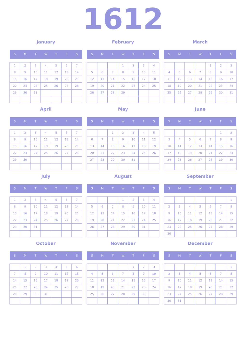 Printable 1612 Year Calendars periwinkle