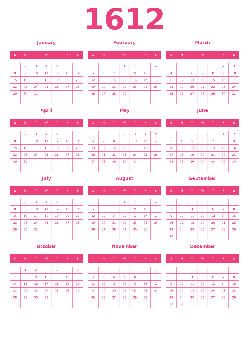 Printable 1612 Year Calendars pink
