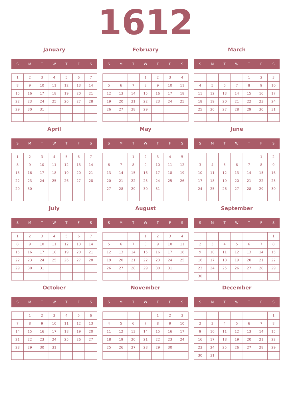 Printable 1612 Year Calendars puce