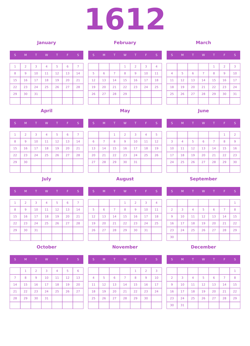 Printable 1612 Year Calendars purple