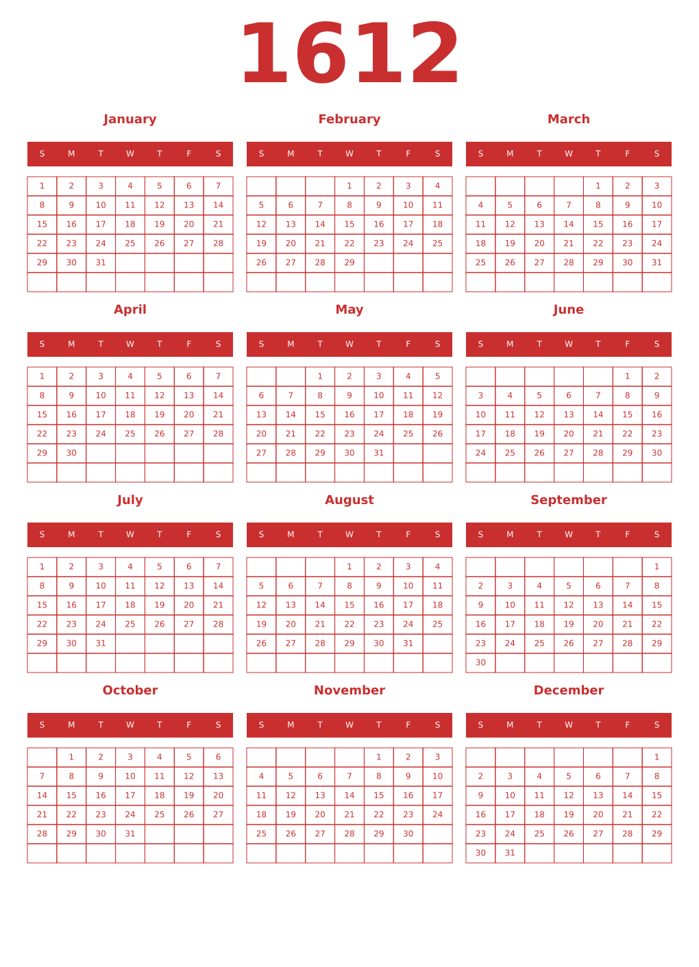 Printable 1612 Year Calendars red
