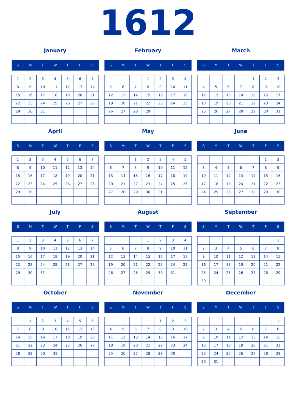 Printable 1612 Year Calendars smalt