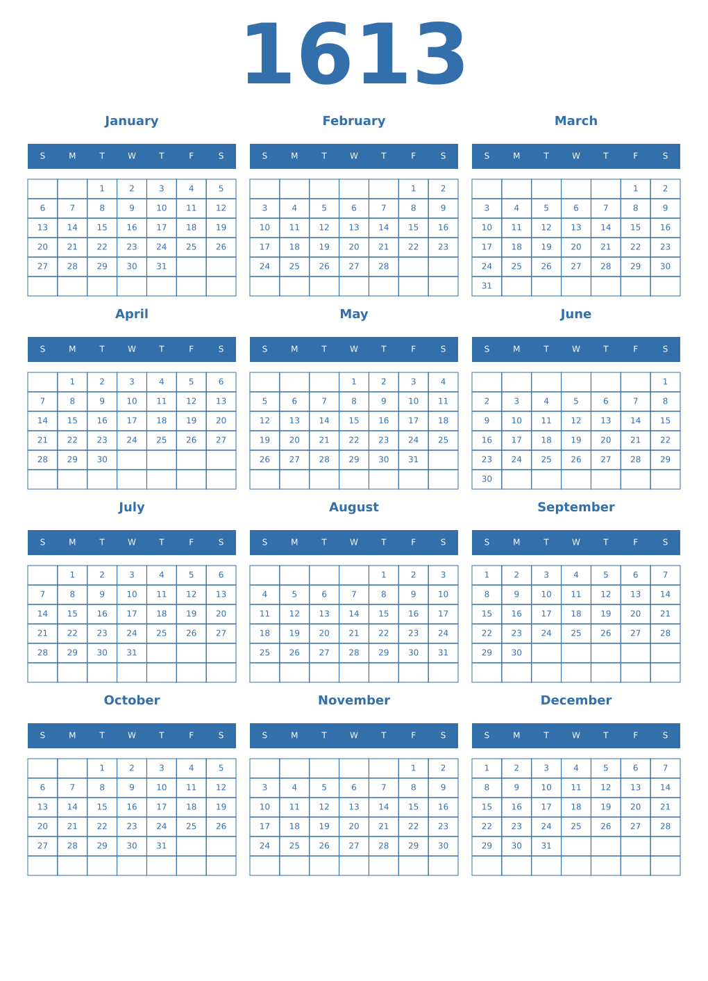 Printable 1613 Year Calendars blue