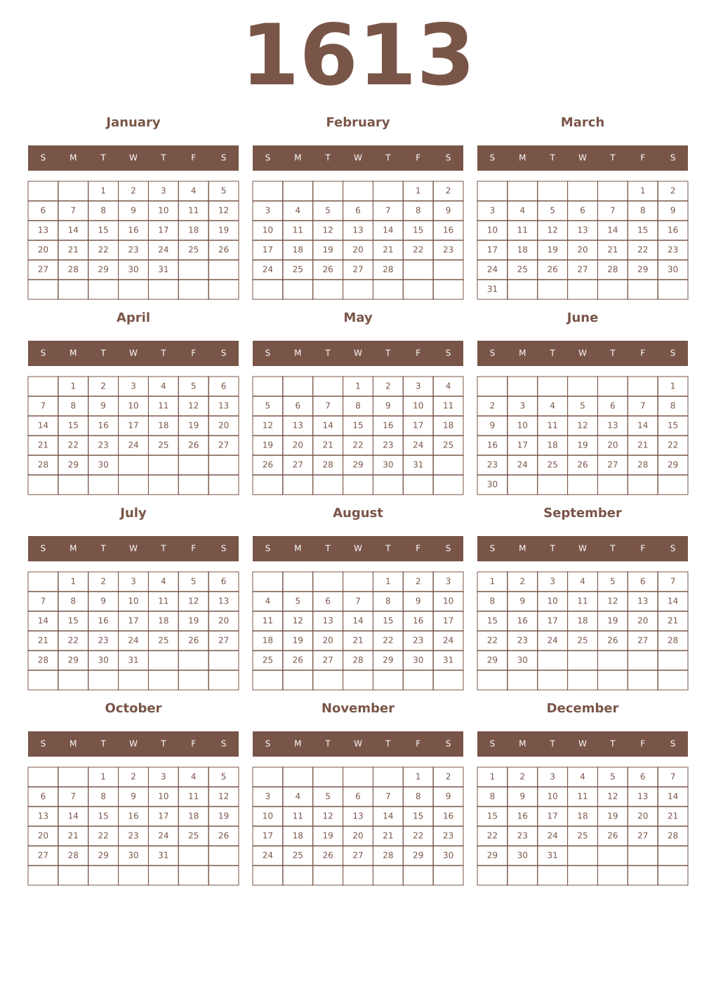 Printable 1613 Year Calendars coffe