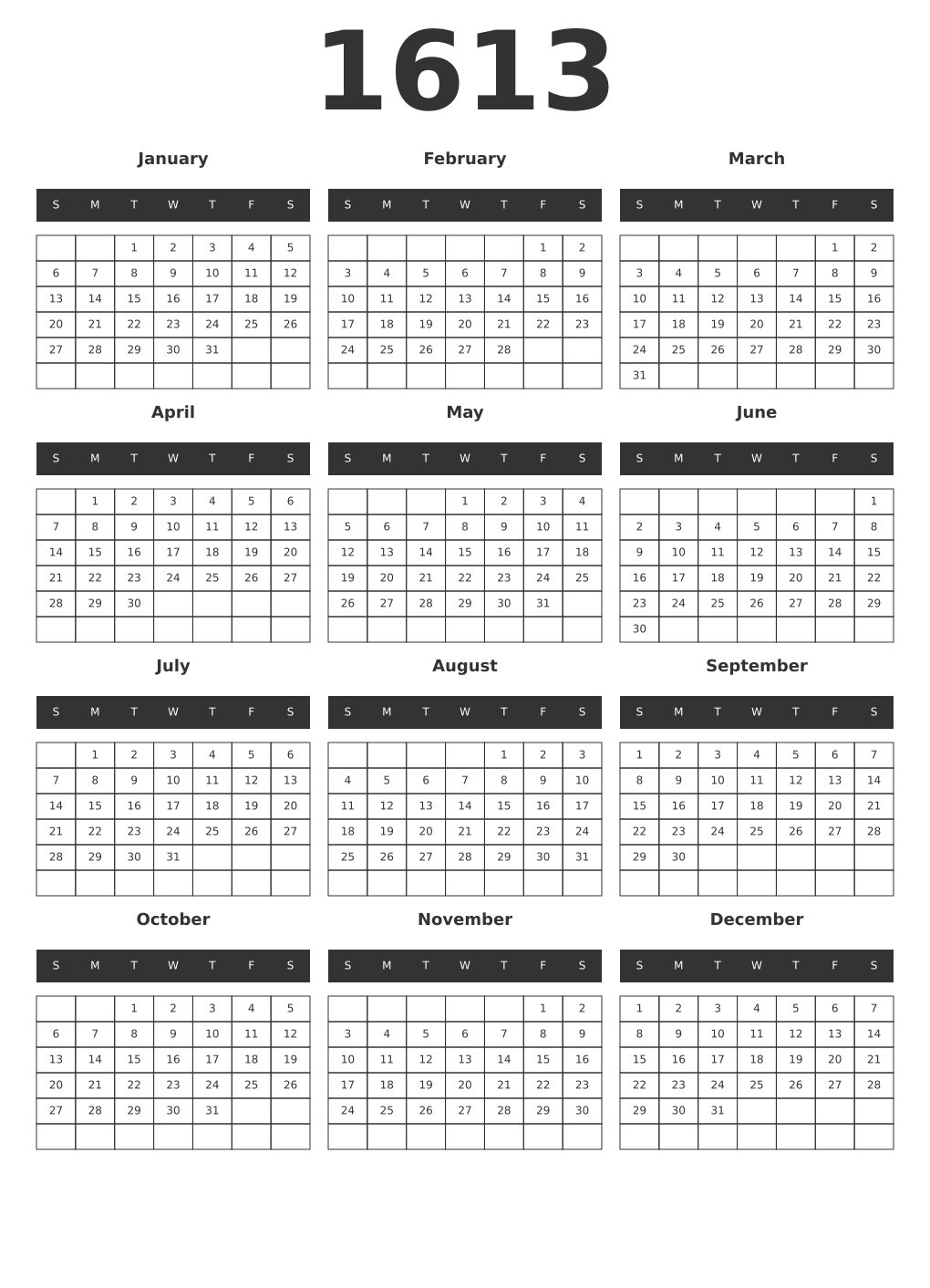 Printable 1613 Year Calendars dark