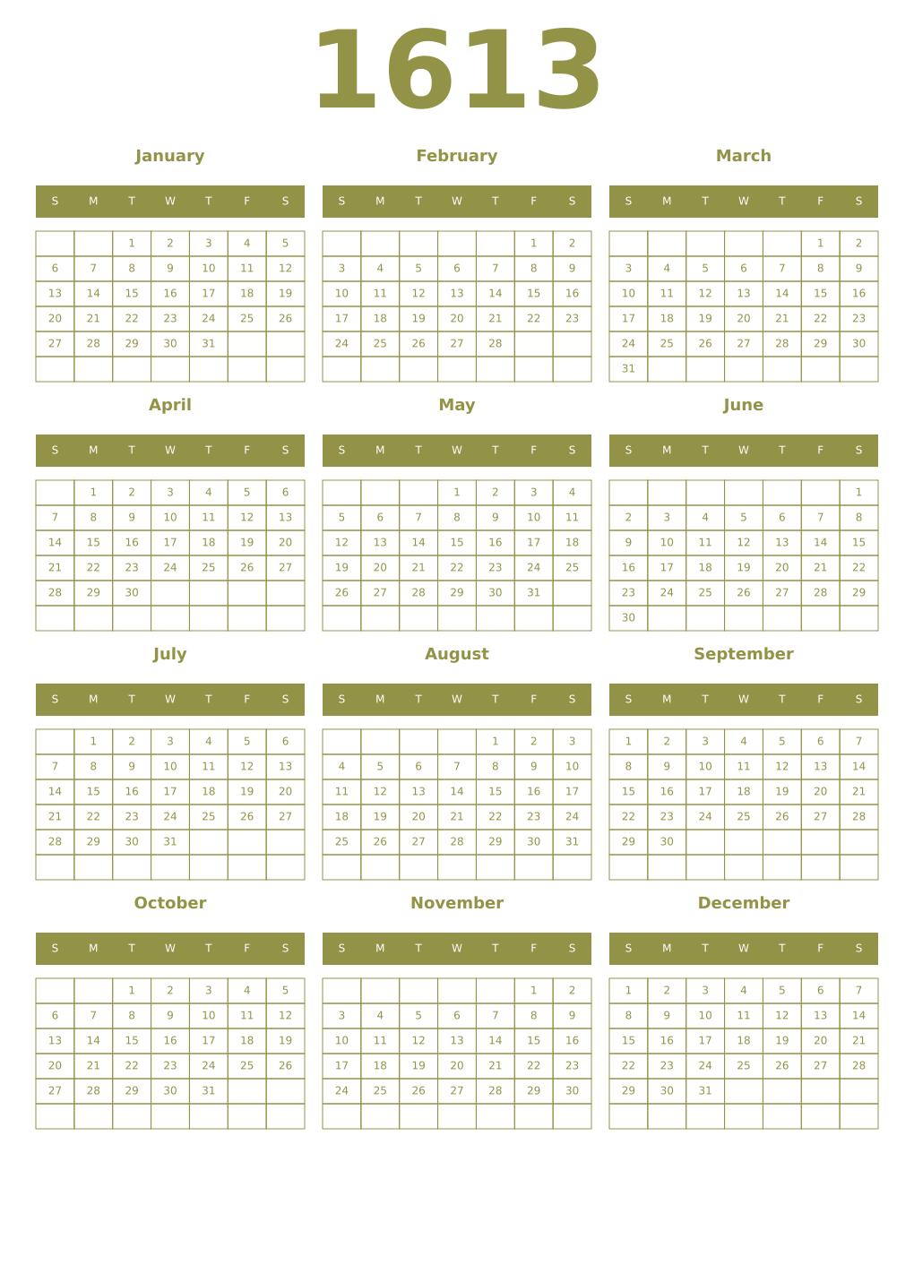 Printable 1613 Year Calendars eburnean