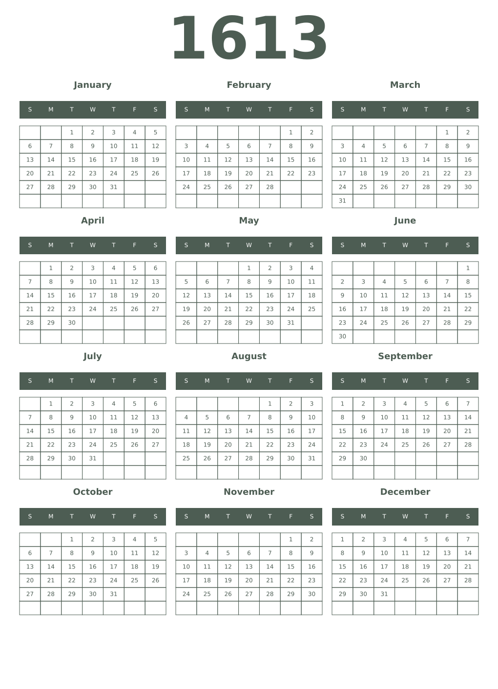 Printable 1613 Year Calendars feldgrau