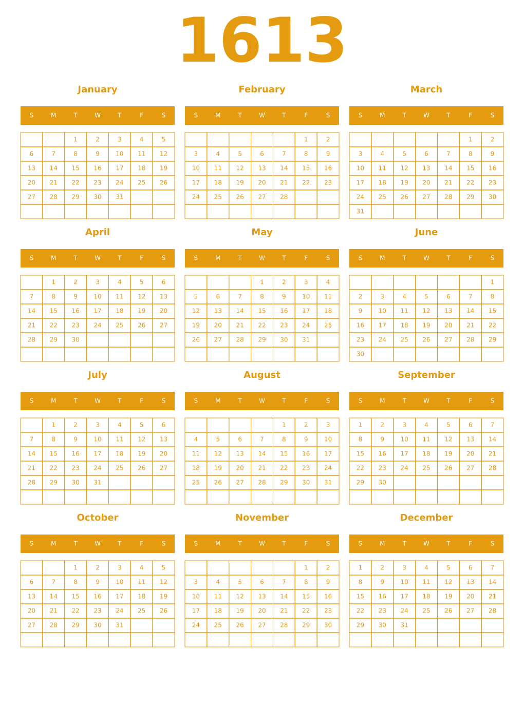 Printable 1613 Year Calendars gamboge