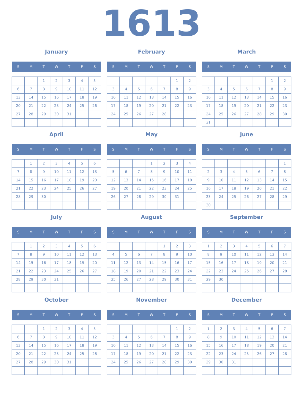 Printable 1613 Year Calendars glaucous