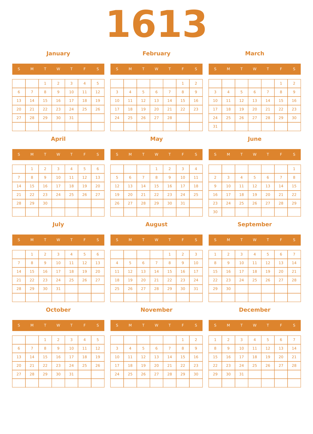 Printable 1613 Year Calendars orange