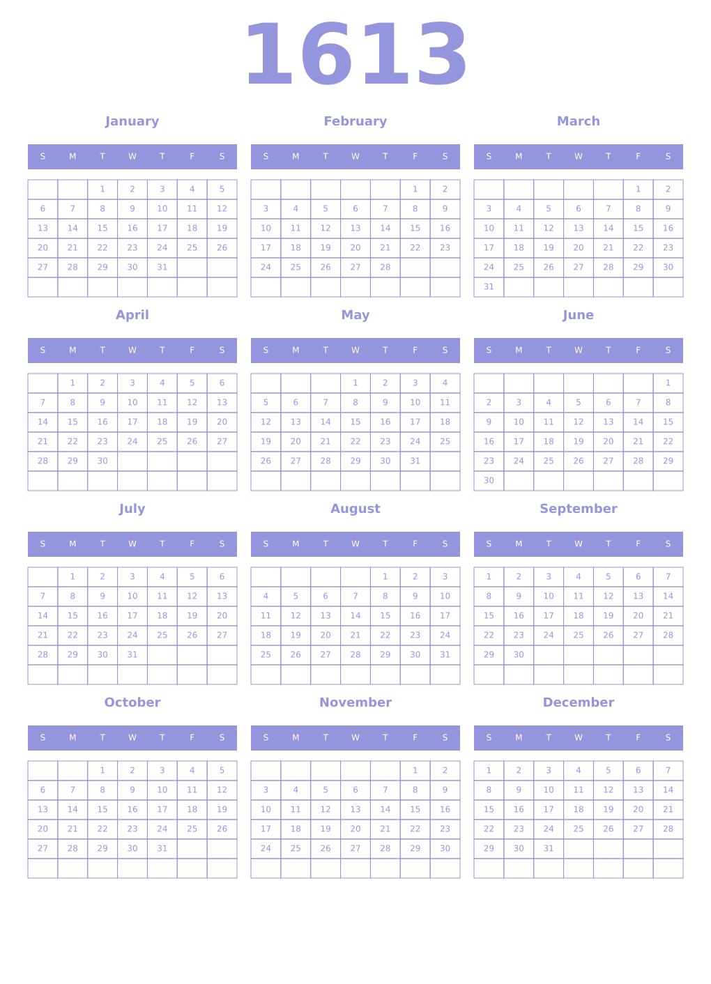 Printable 1613 Year Calendars periwinkle