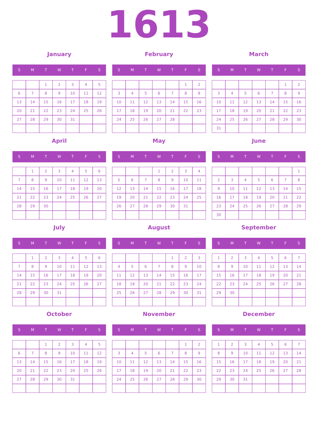 Printable 1613 Year Calendars purple
