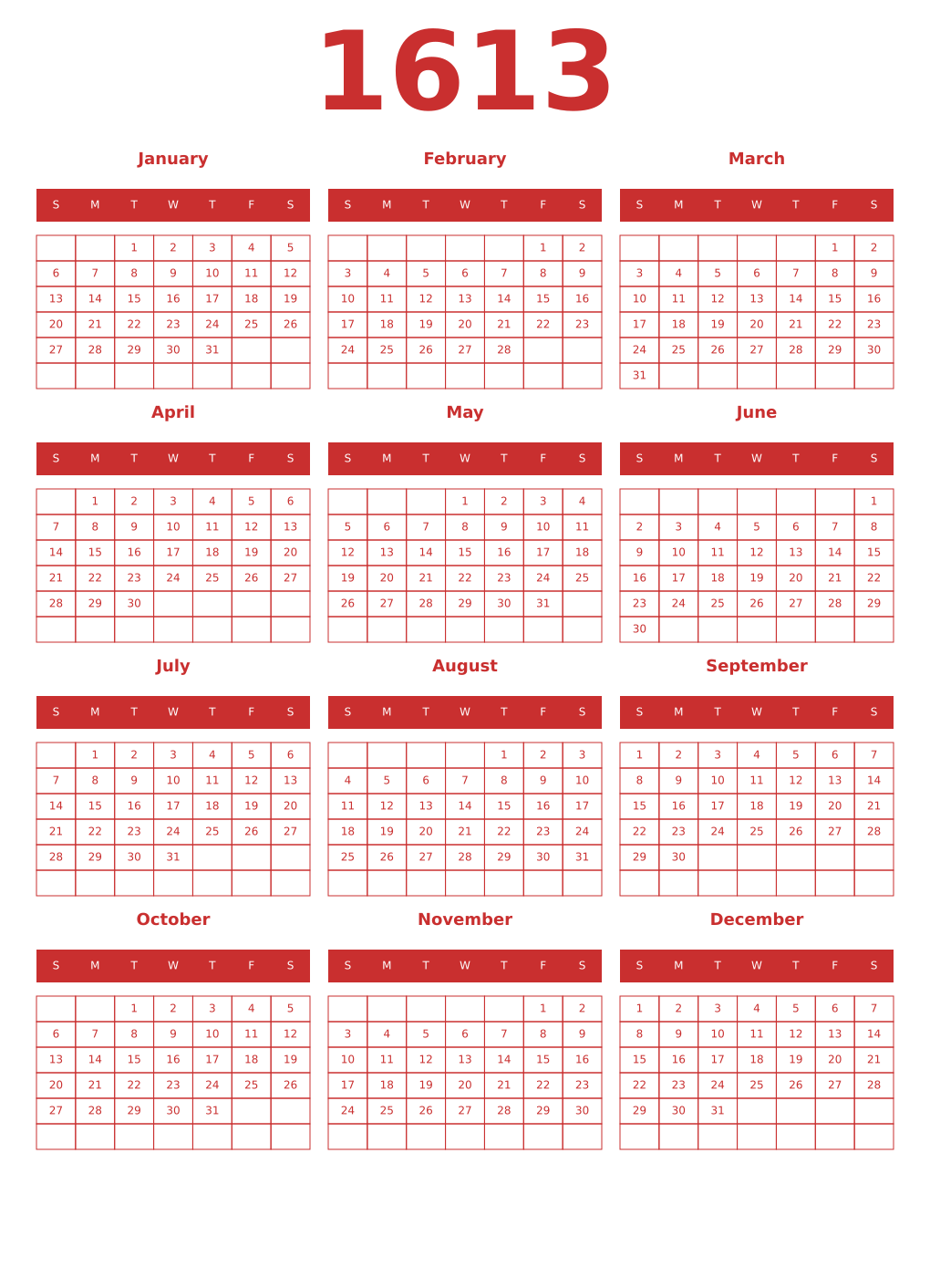 Printable 1613 Year Calendars red