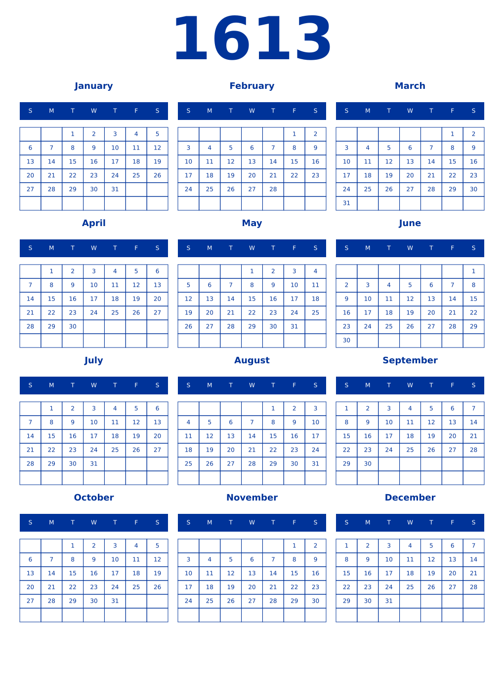 Printable 1613 Year Calendars smalt