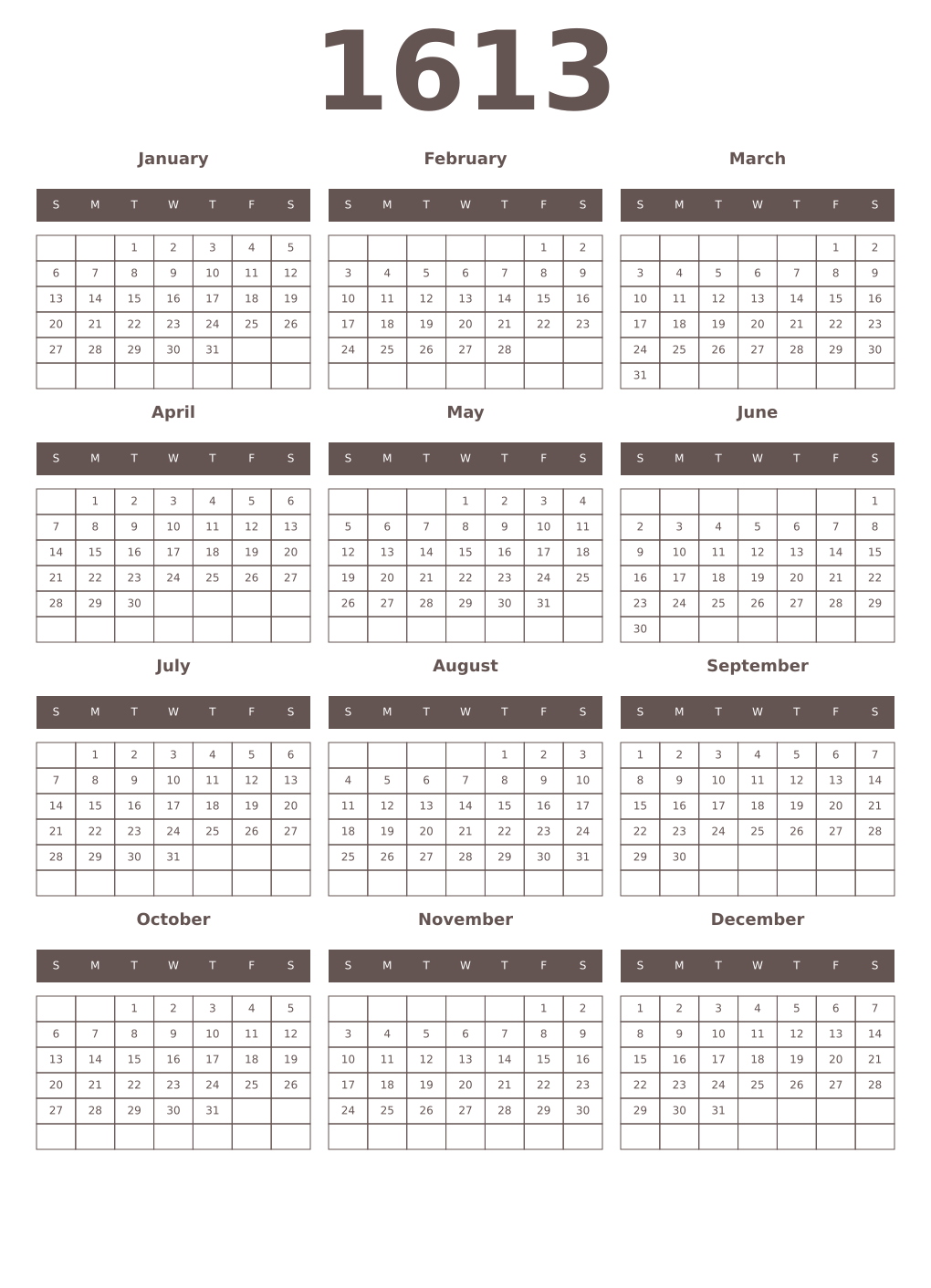 Printable 1613 Year Calendars wenge