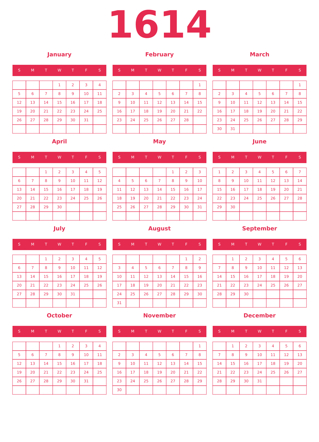 Printable 1614 Year Calendars amaranth