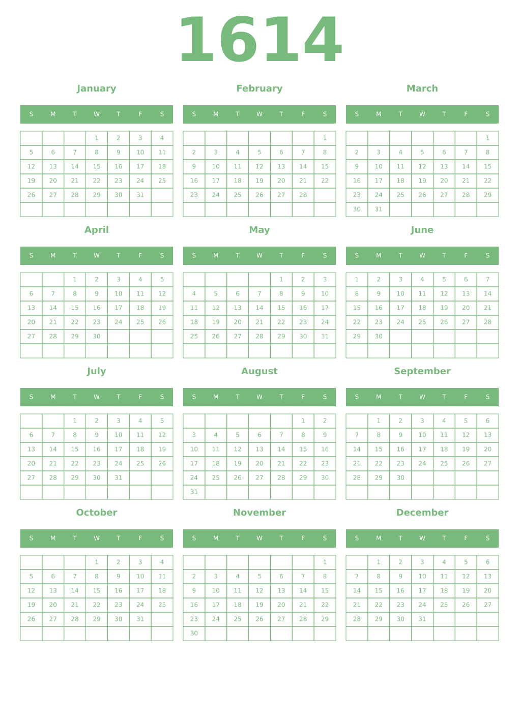 Printable 1614 Year Calendars celadon