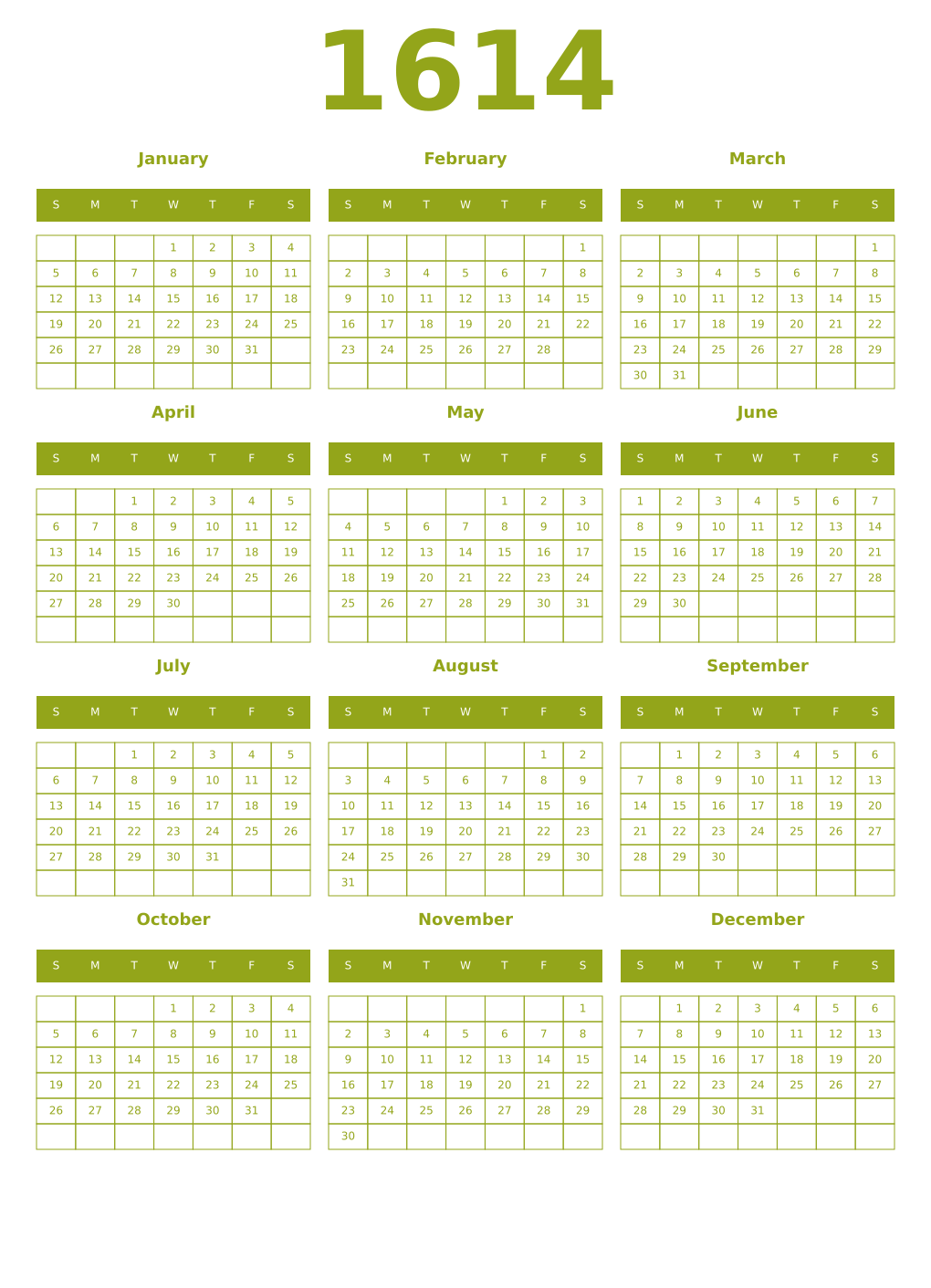 Printable 1614 Year Calendars chartreuse