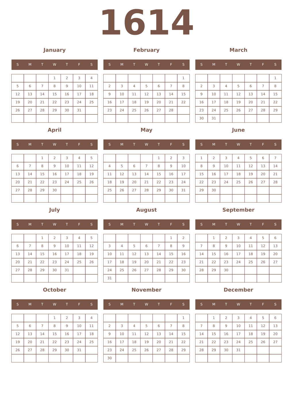 Printable 1614 Year Calendars coffe