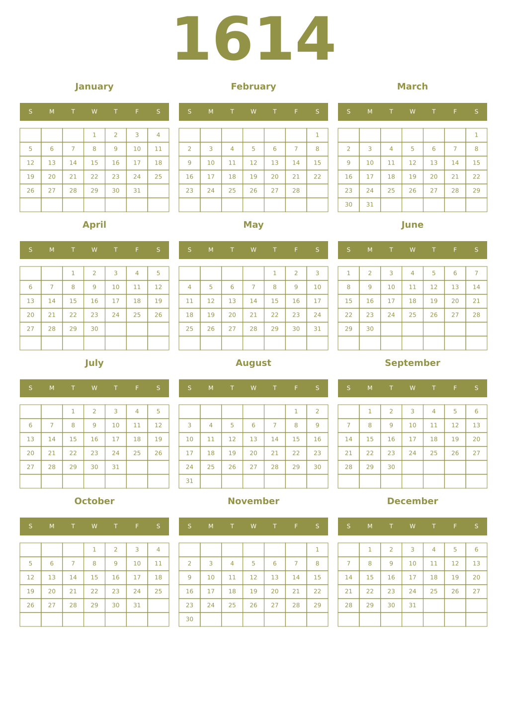 Printable 1614 Year Calendars eburnean