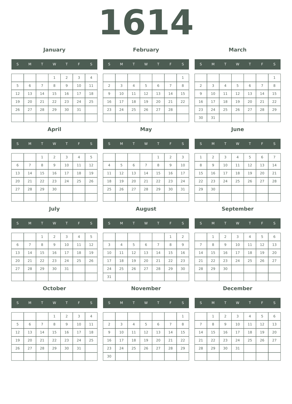 Printable 1614 Year Calendars feldgrau