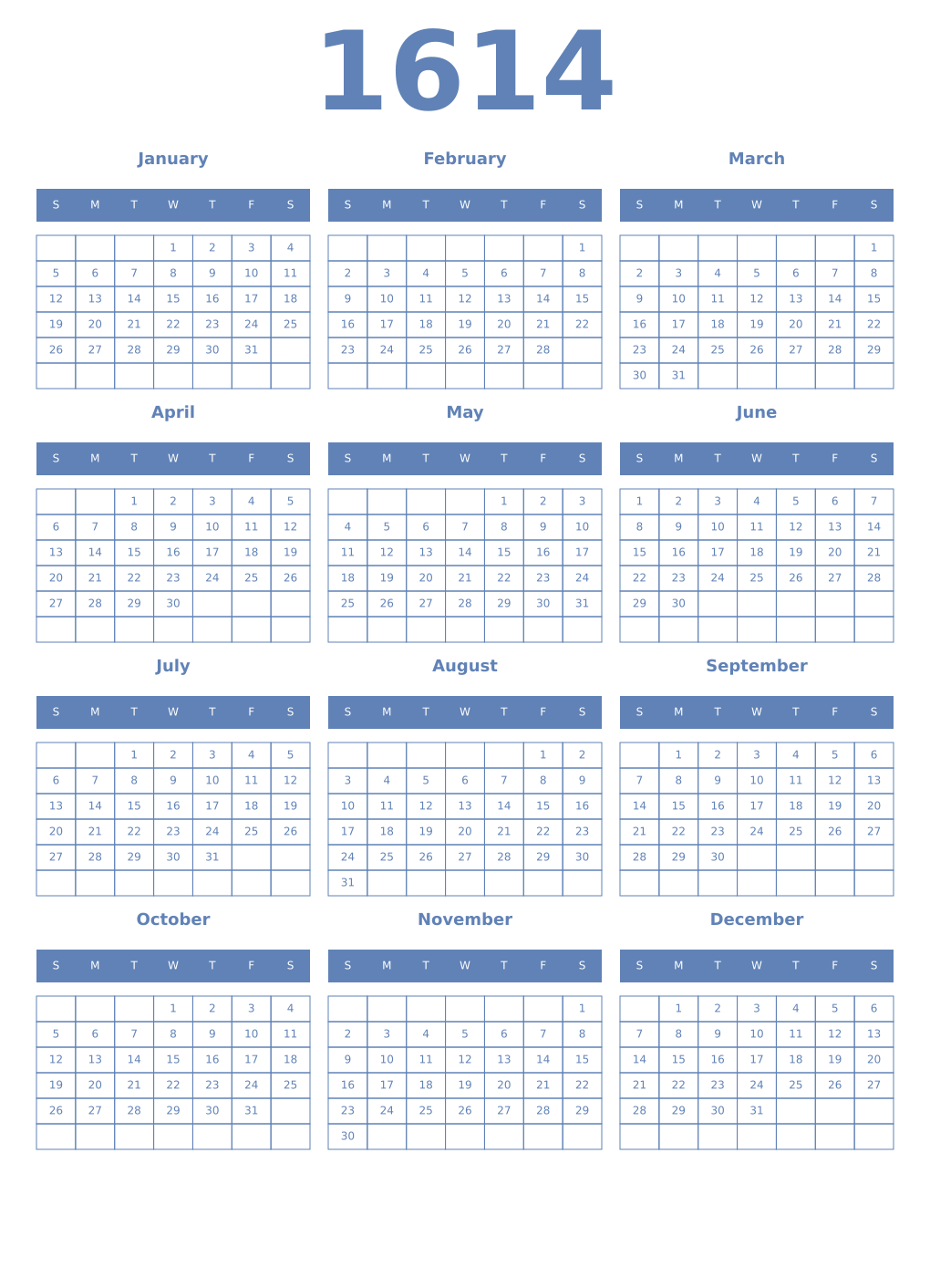 Printable 1614 Year Calendars glaucous