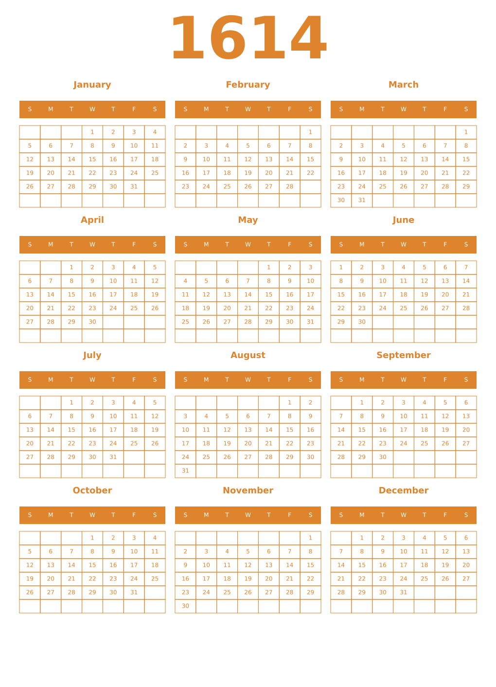 Printable 1614 Year Calendars orange