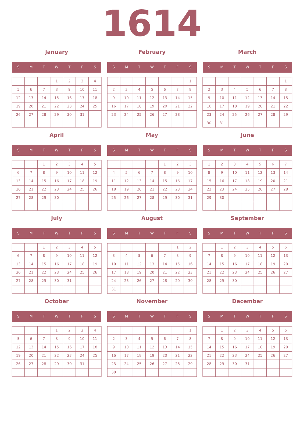 Printable 1614 Year Calendars puce