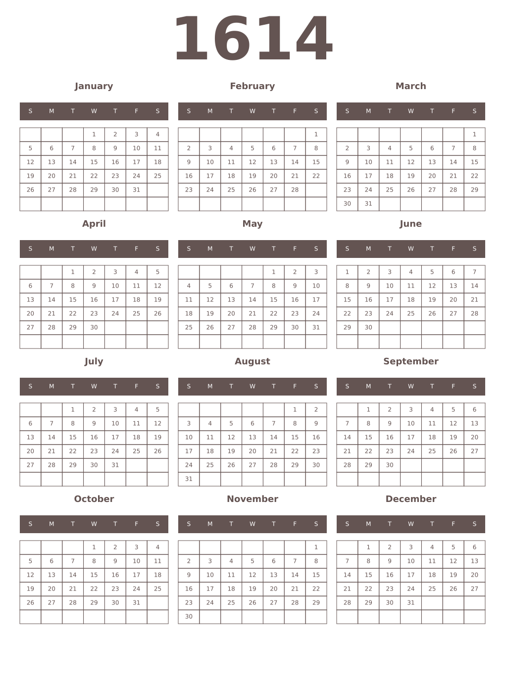 Printable 1614 Year Calendars wenge