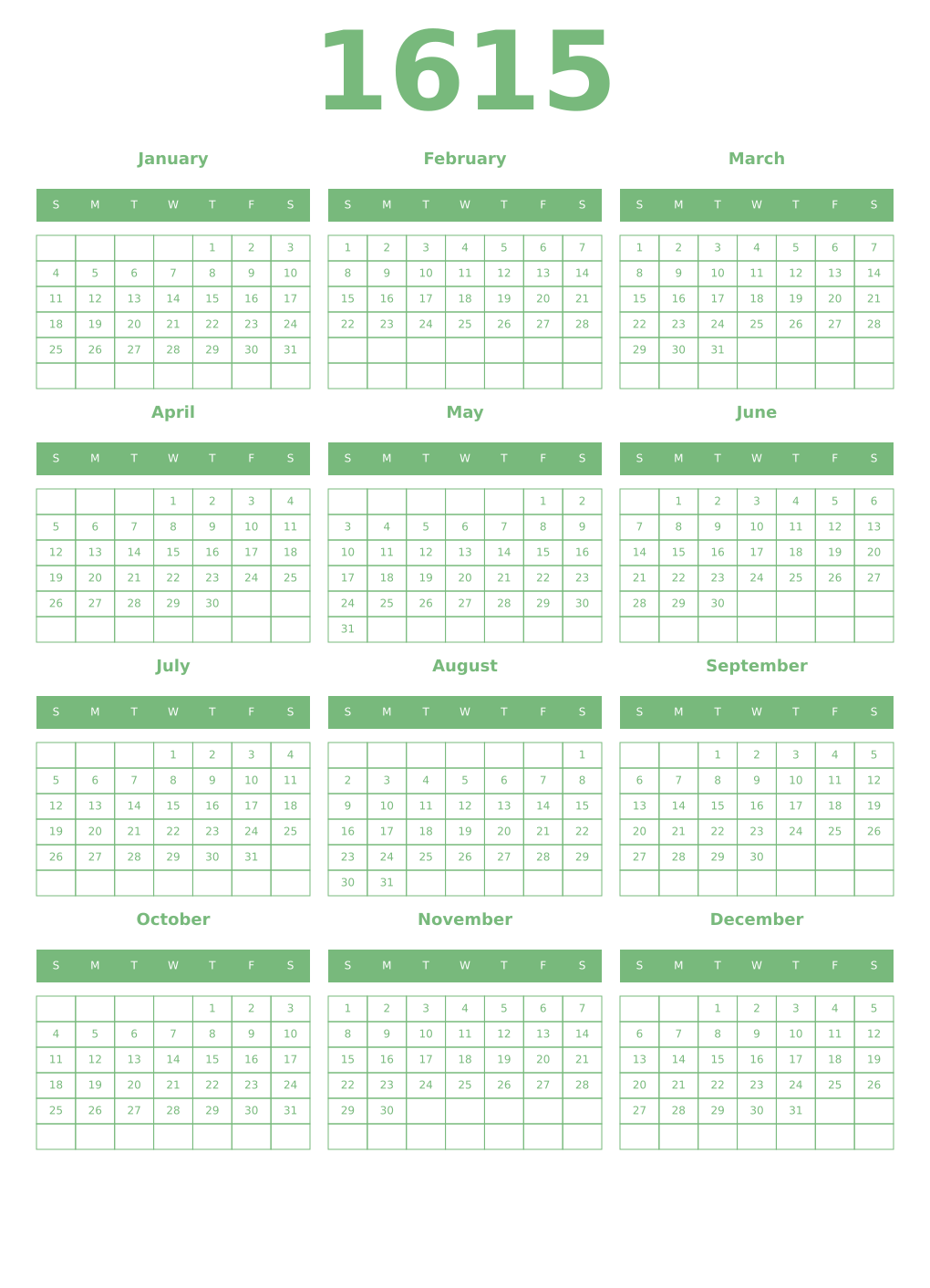 Printable 1615 Year Calendars celadon