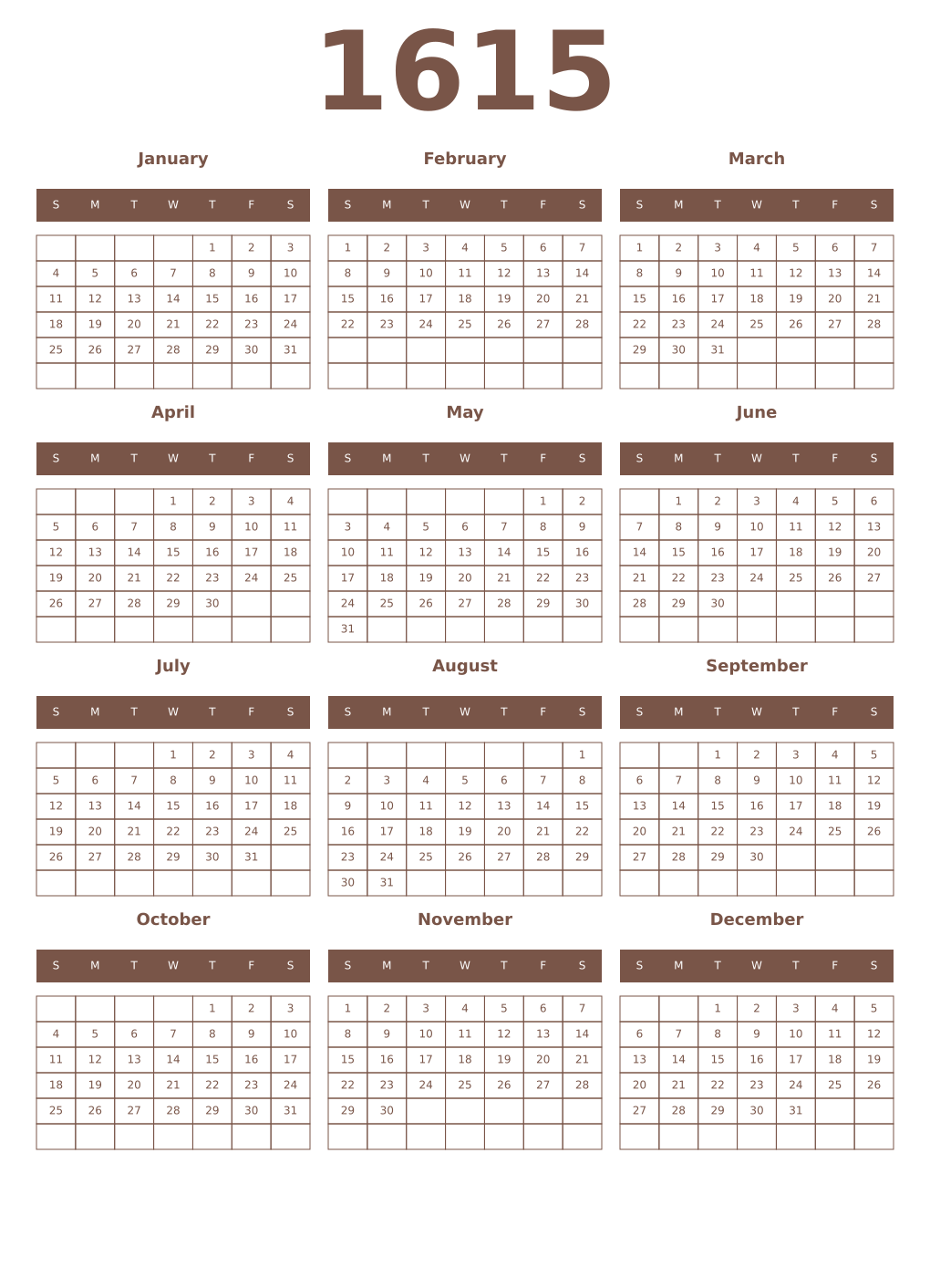 Printable 1615 Year Calendars coffe