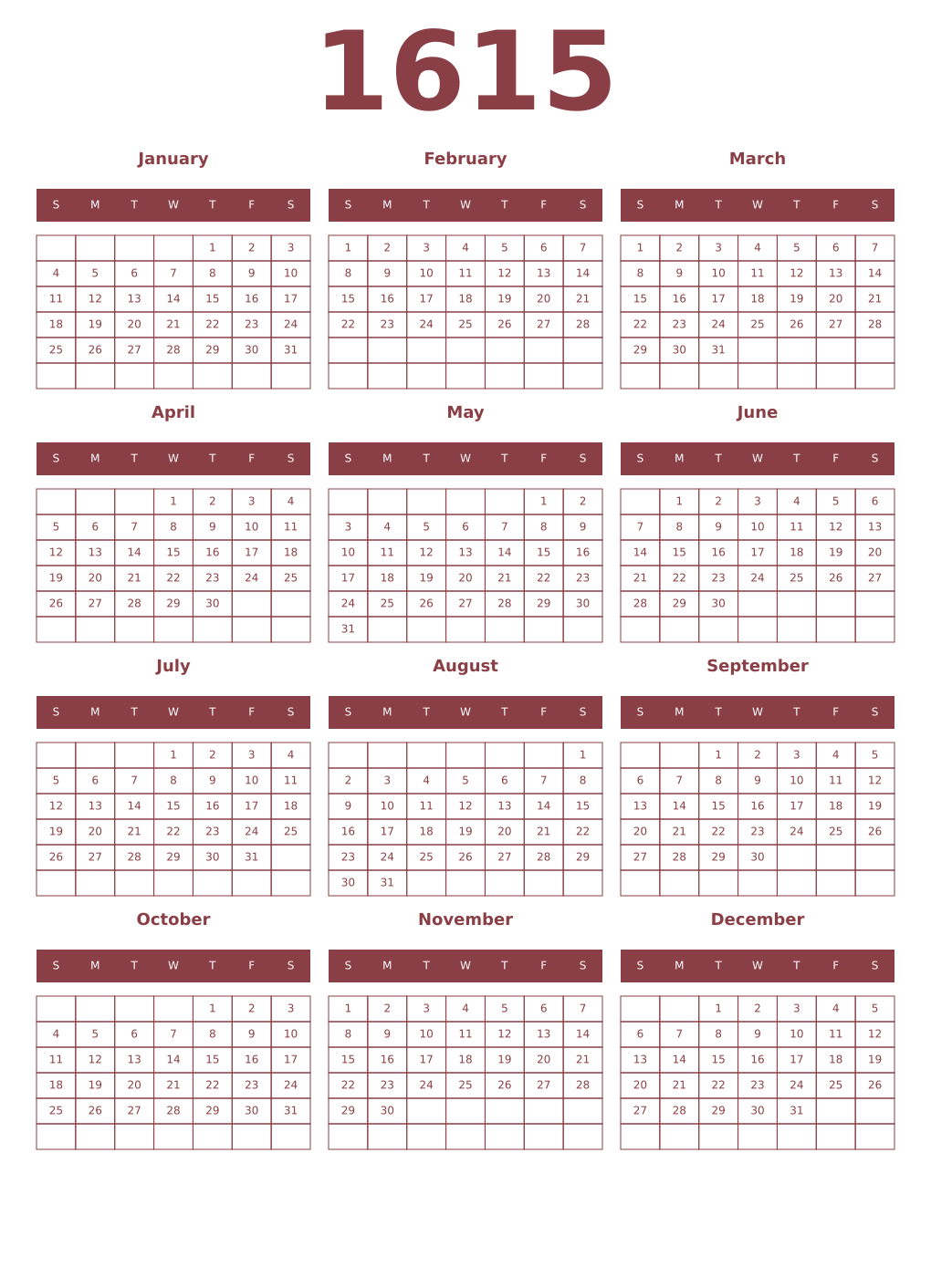 Printable 1615 Year Calendars cordovan