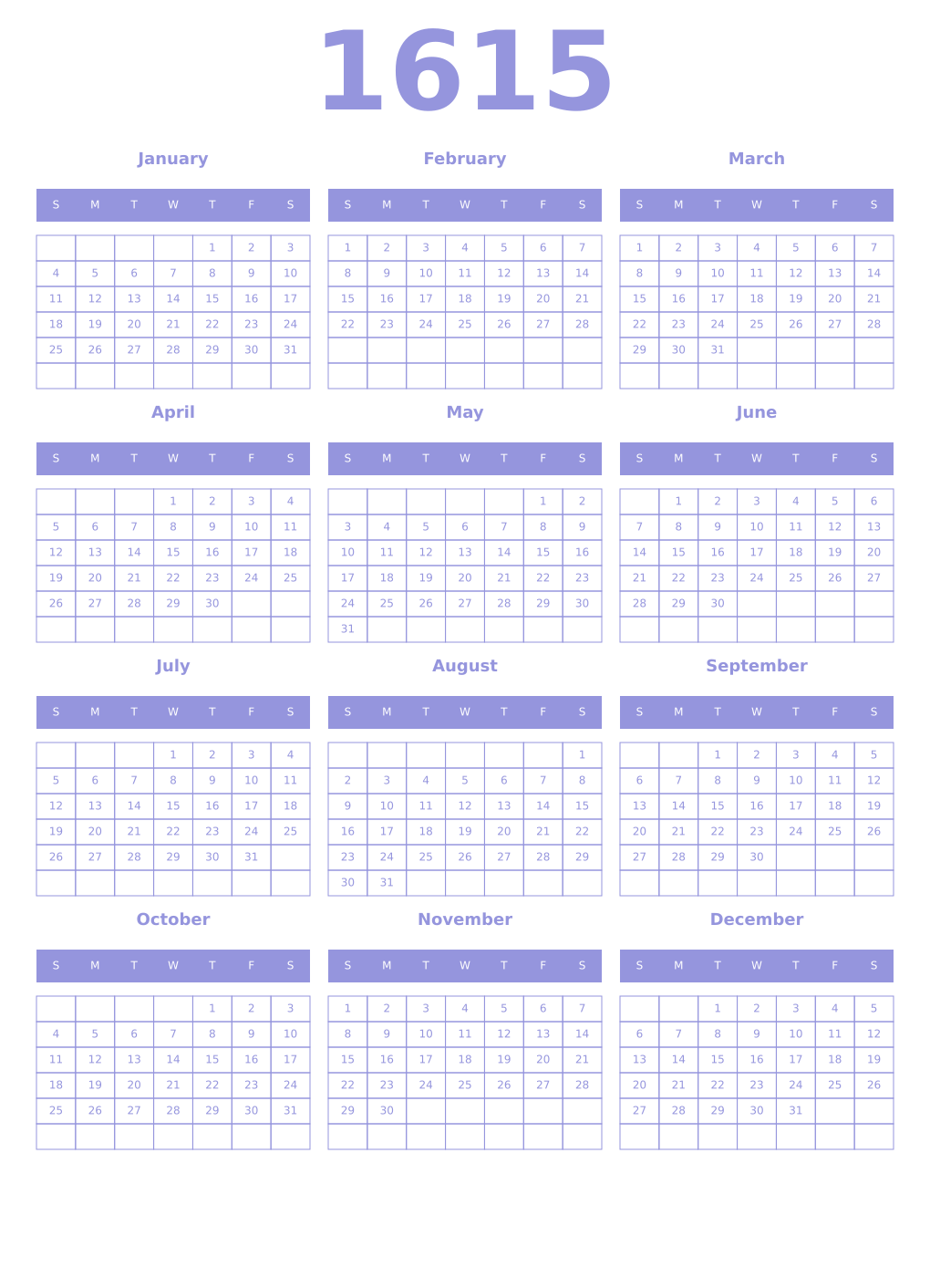Printable 1615 Year Calendars periwinkle