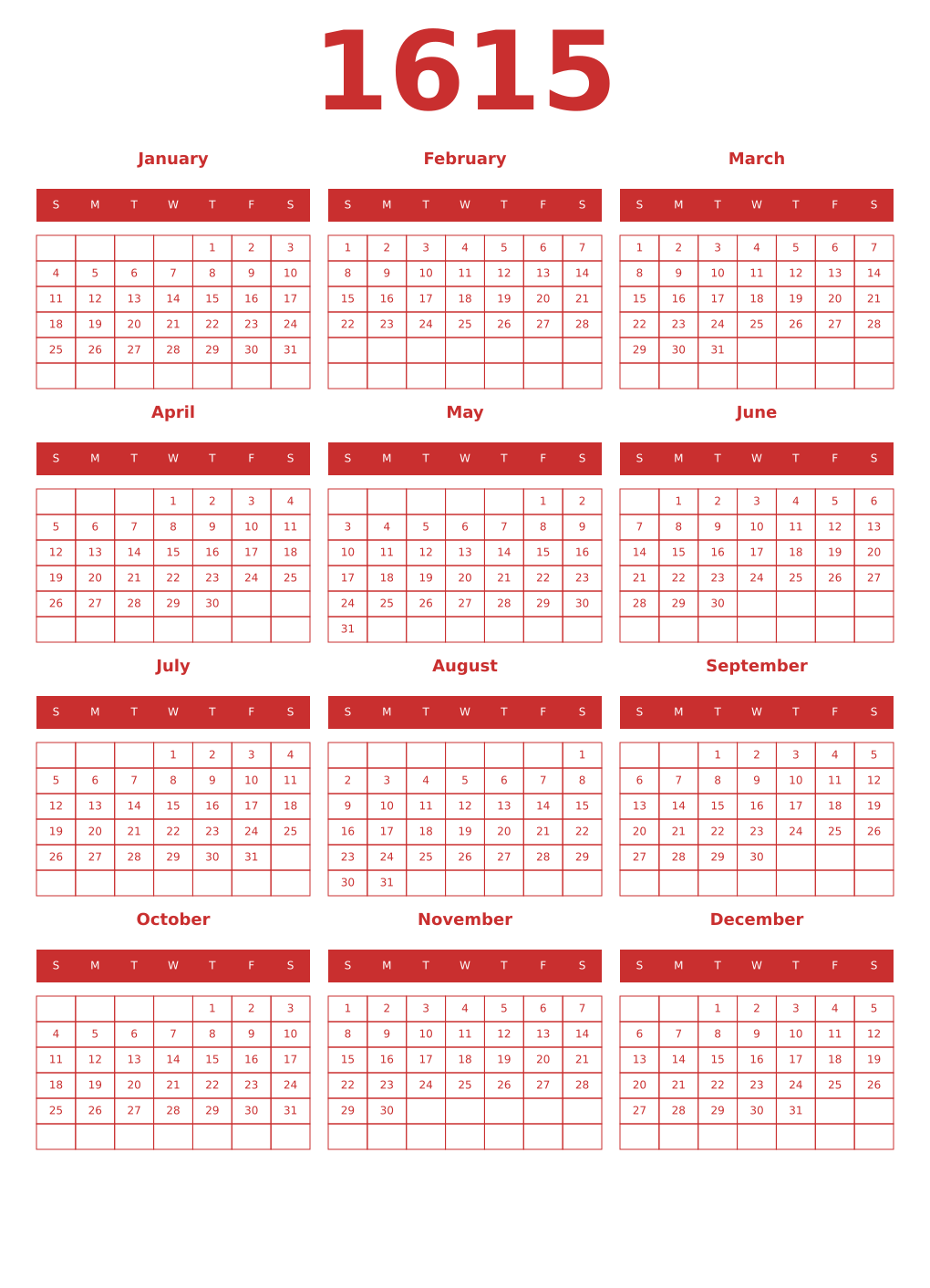 Printable 1615 Year Calendars red