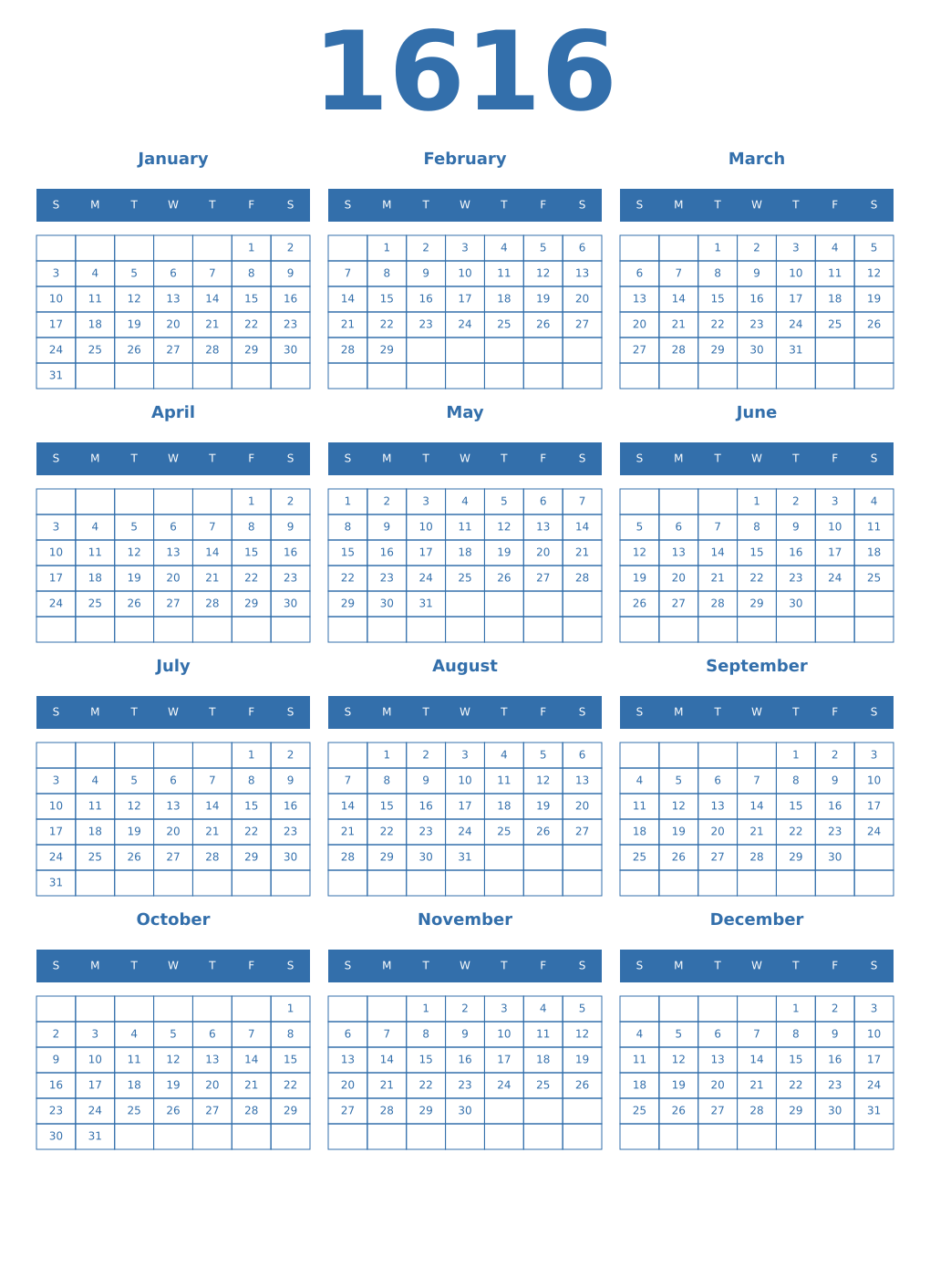 Printable 1616 Year Calendars blue