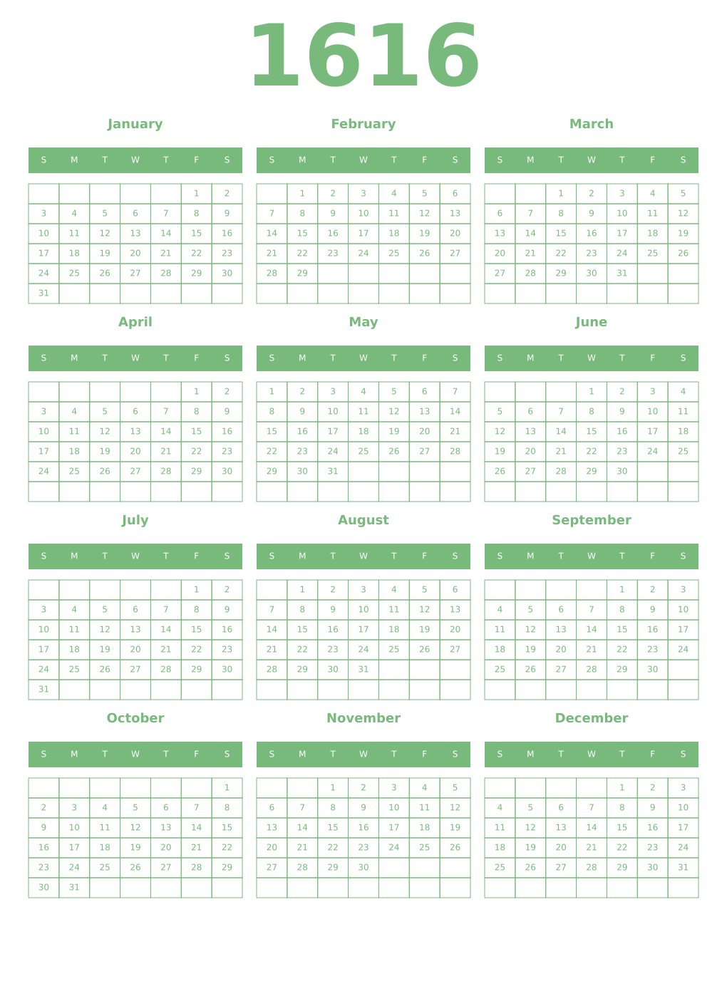 Printable 1616 Year Calendars celadon