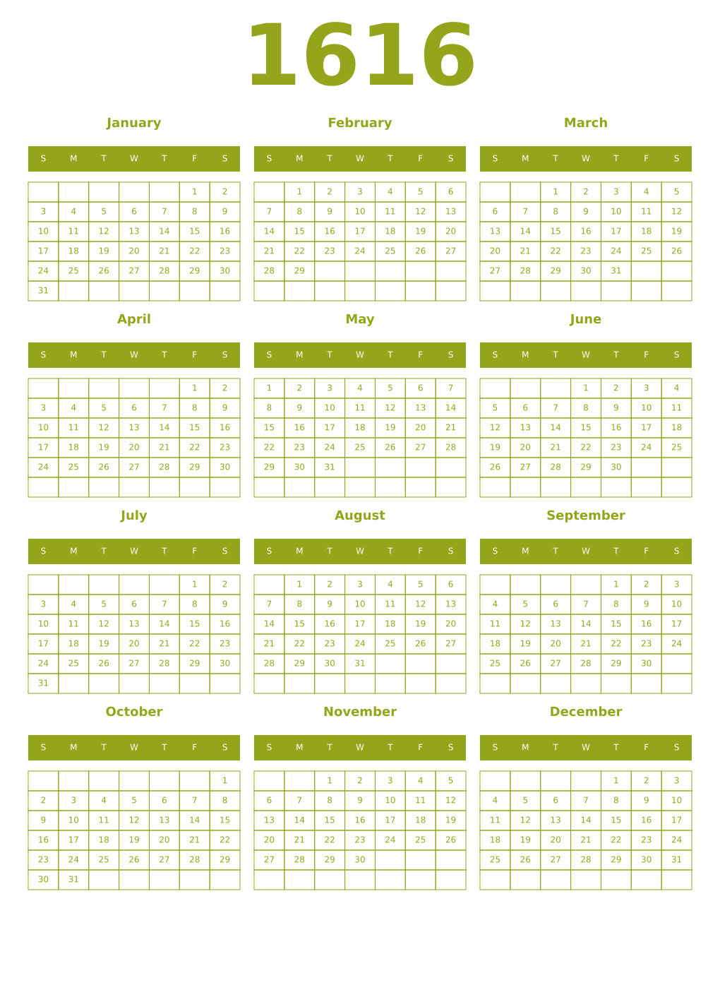 Printable 1616 Year Calendars chartreuse