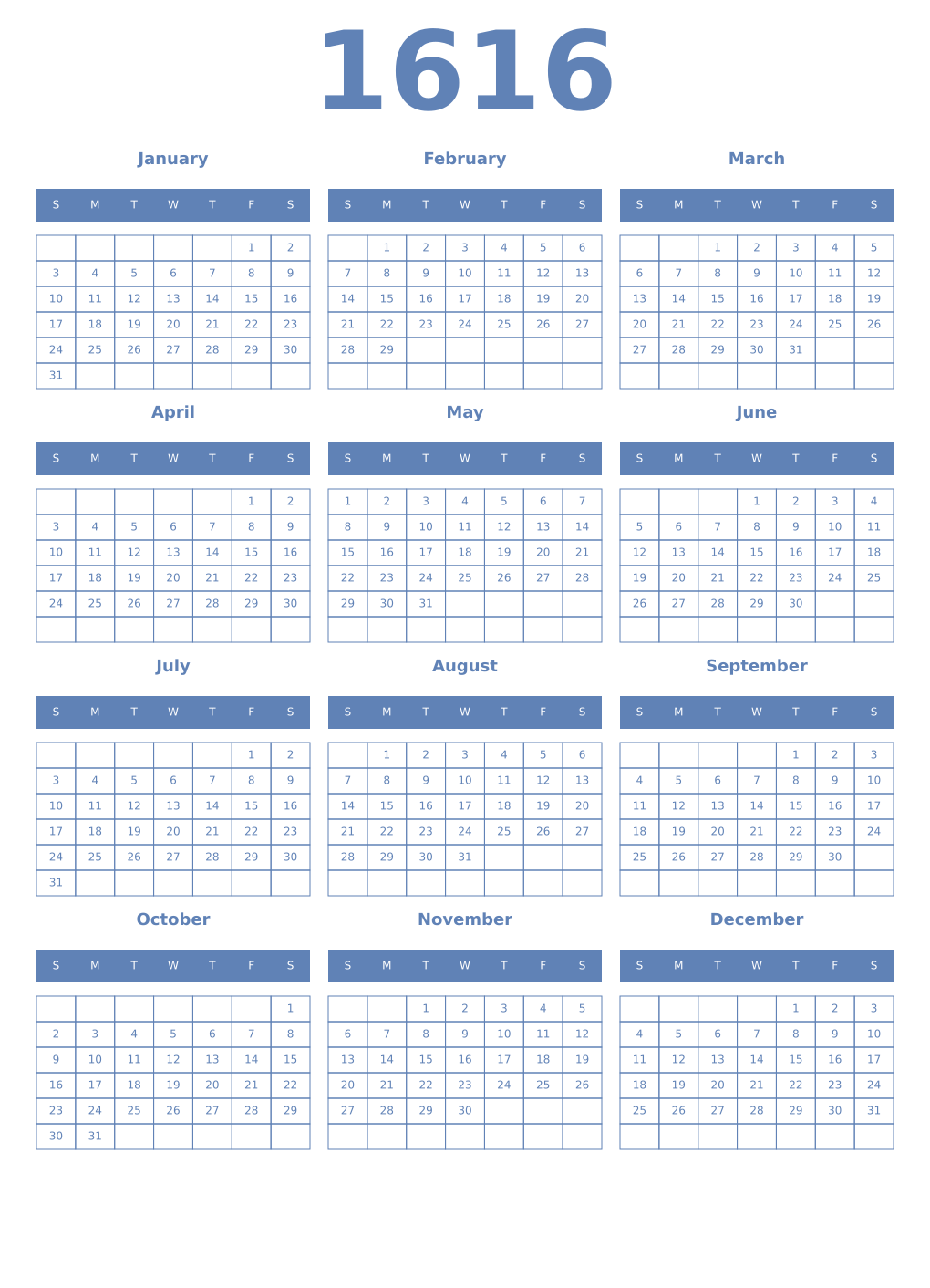 Printable 1616 Year Calendars glaucous