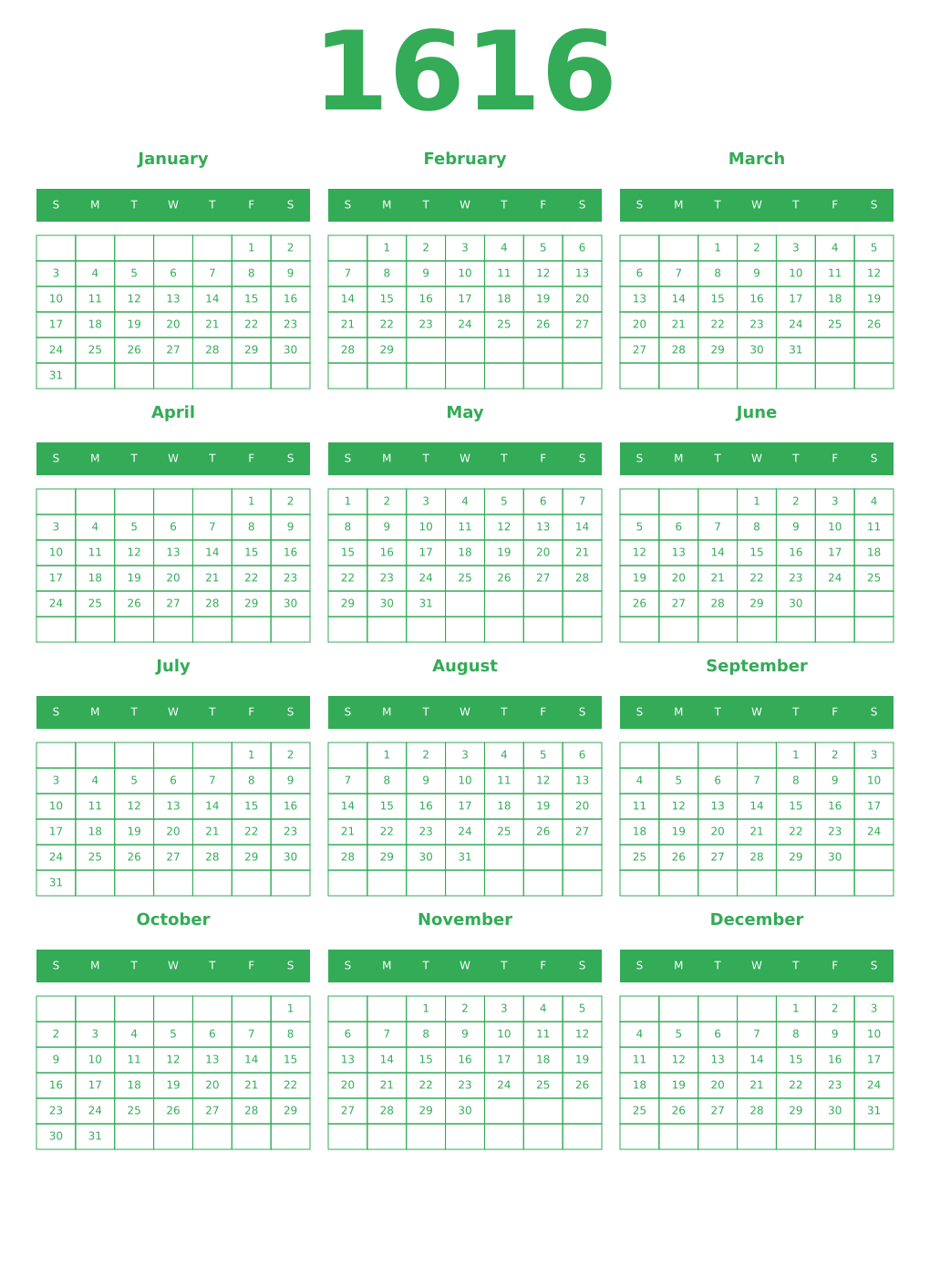 Printable 1616 Year Calendars green