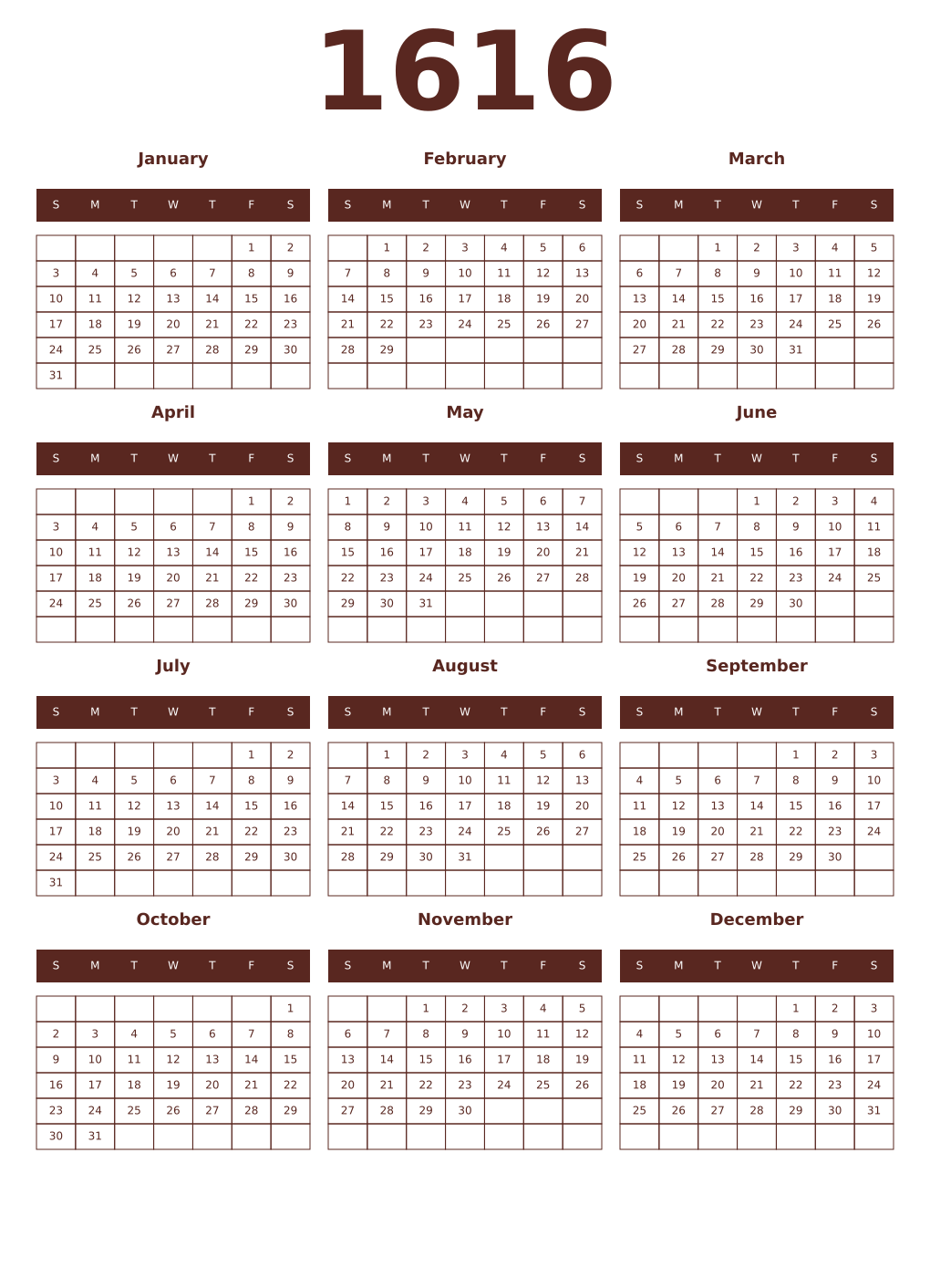 Printable 1616 Year Calendars mortuum