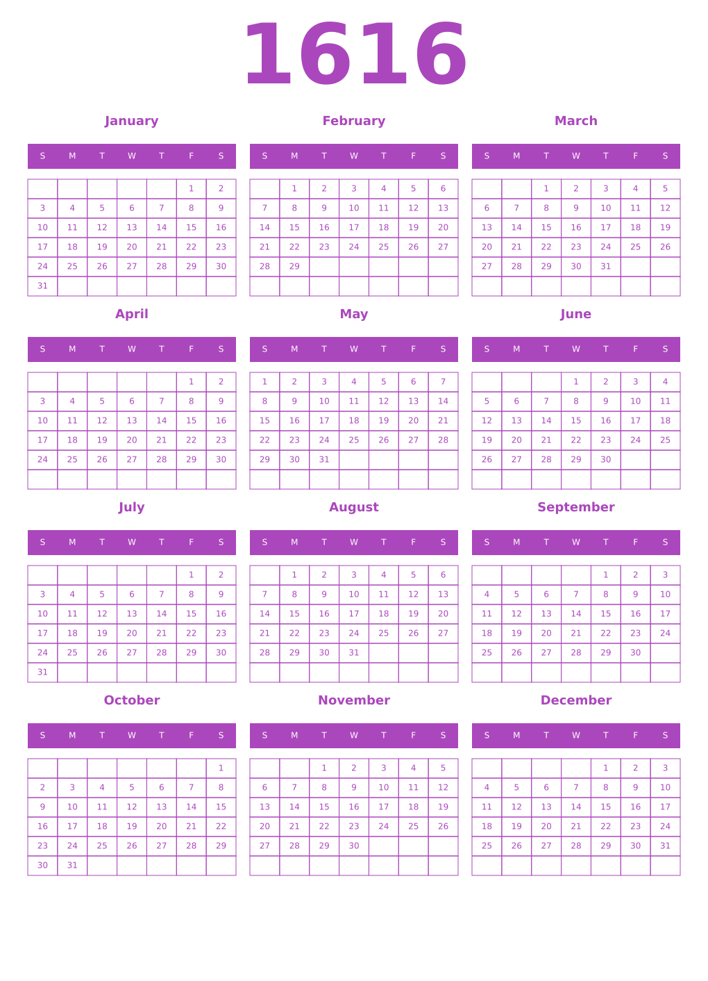 Printable 1616 Year Calendars purple