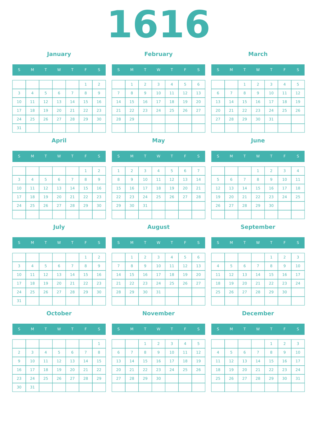 Printable 1616 Year Calendars verdigris