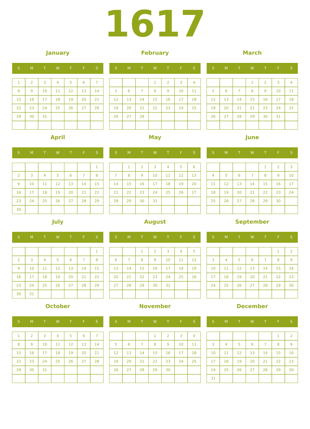 Printable 1617 Year Calendars chartreuse