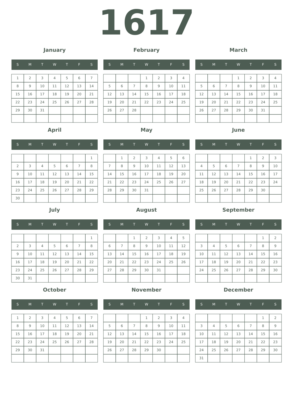 Printable 1617 Year Calendars feldgrau