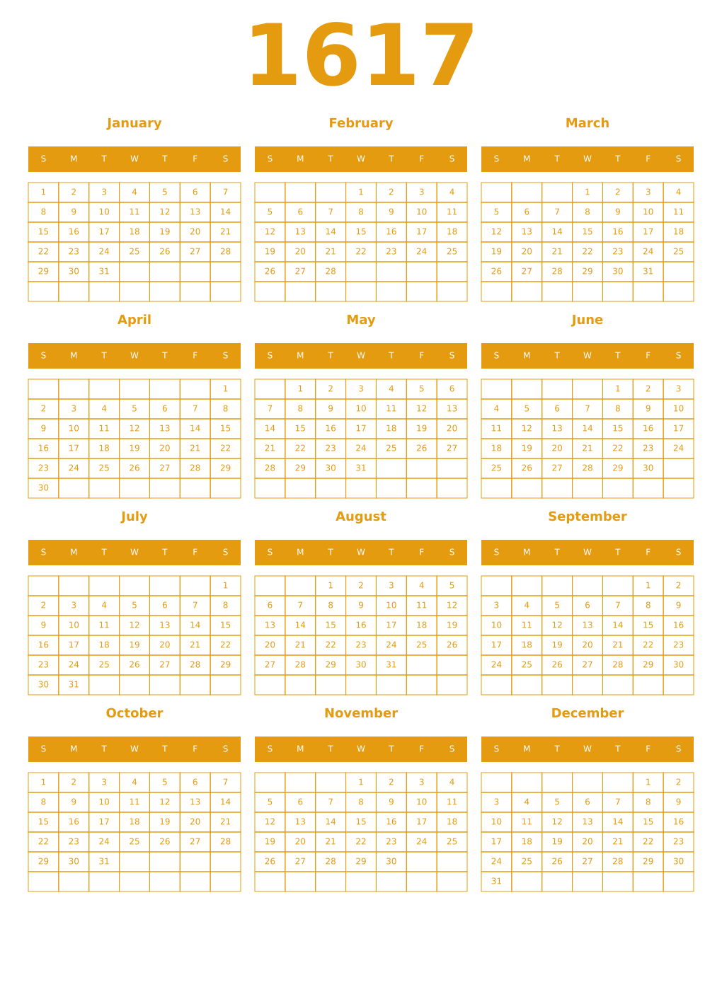 Printable 1617 Year Calendars gamboge