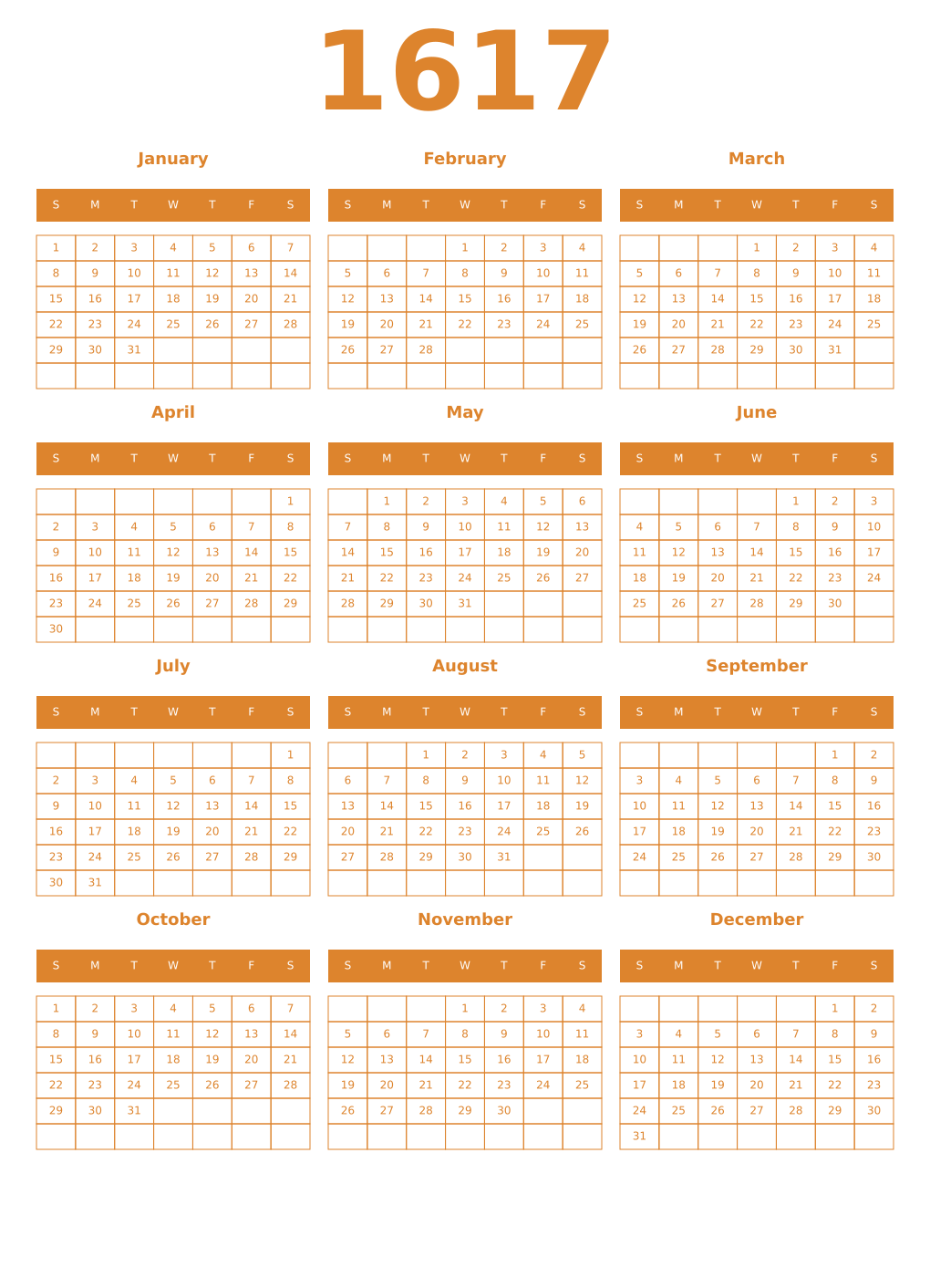 Printable 1617 Year Calendars orange